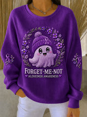Women's Forget-Me-Not Purple Floral & Cute Ghost Print Alzheimer's Awareness Support Sweatshirt