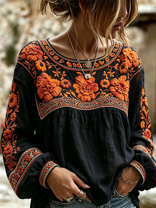 Women's Day of the Dead Mexican Marigolds Floral Print Cotton-Linen Shirt