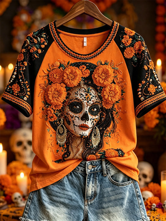 Women's Day of the Dead Sugar Skull Lady Marigolds Floral Print short-sleeved T-shirt