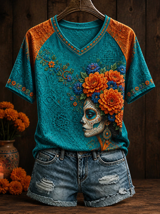 Women's Mexico Day of The Dead Floral Art Printed T-shirt