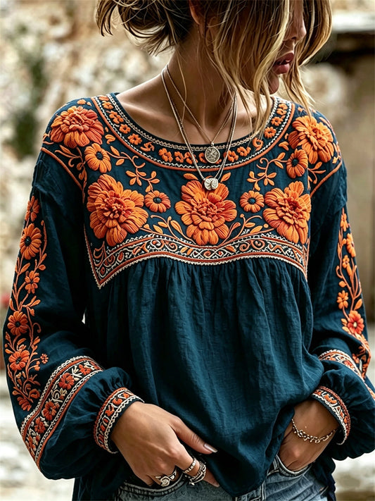 Women's Day of the Dead Mexican Marigolds Floral Print Cotton-Linen Shirt
