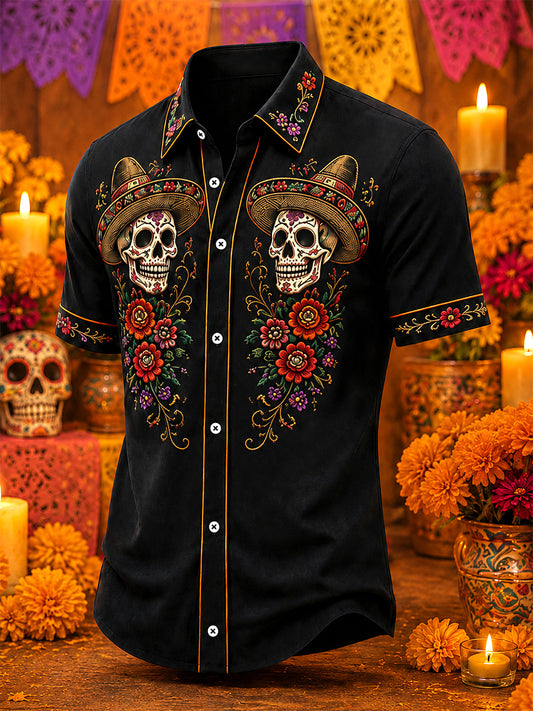 Men's Mexico Day of The Dead Art Print Casual Shirt