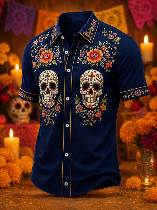 Men's Mexico Day of The Dead Art Print Casual Shirt