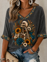 Women's Gothic Skull and Floral Casual T-shirt