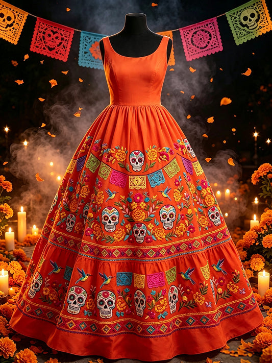 Women's Day Of Dead Sugar Skull Mexican Floral Print Maxi Dress