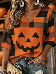 Women's Halloween print Mid-length Sleeves V-Neck T-Shirt