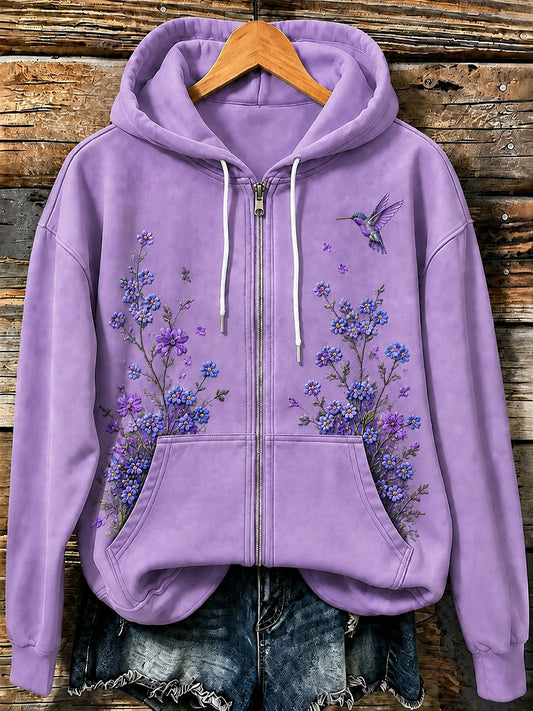 Women's Purple Floral Art Print Casual Zip-Up Hoodie