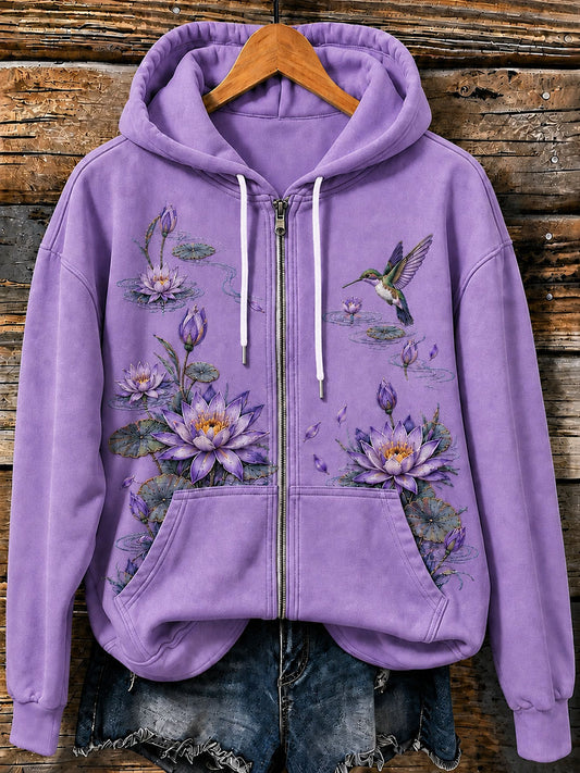 Women's Purple Floral Art Print Casual Zip-Up Hoodie