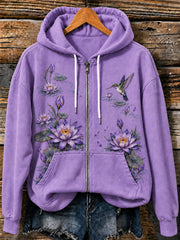 Women's Purple Floral Art Print Casual Zip-Up Hoodie