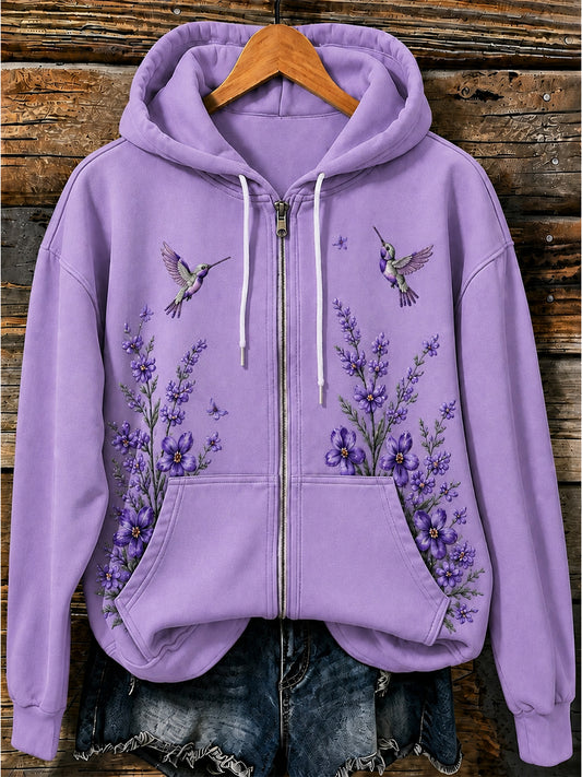 Women's Purple Floral Art Print Casual Zip-Up Hoodie