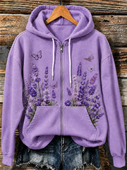 Women's Purple Floral Art Print Casual Zip-Up Hoodie