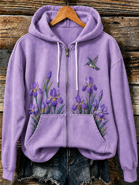 Women's Purple Floral Art Print Casual Zip-Up Hoodie