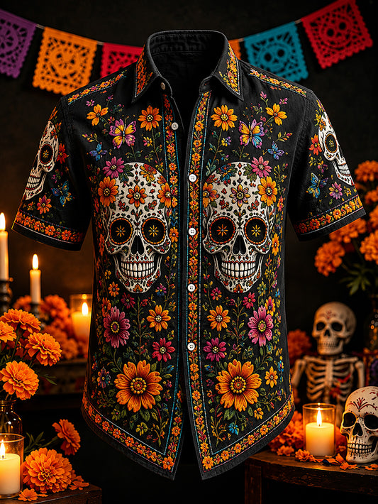 Men's skull and marigold print casual short-sleeve shirt