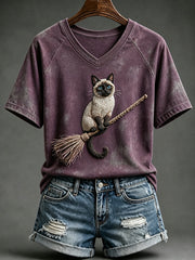 Women's Vintage Halloween Witch Cat Print V-neck Short-sleeved T-shirt