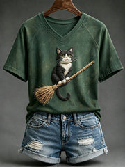 Women's Vintage Halloween Witch Cat Print V-neck Short-sleeved T-shirt
