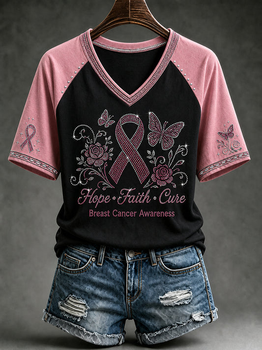Women's Pink Ribbon Rose Butterfly Glitter Print Short-sleeved T-shirt