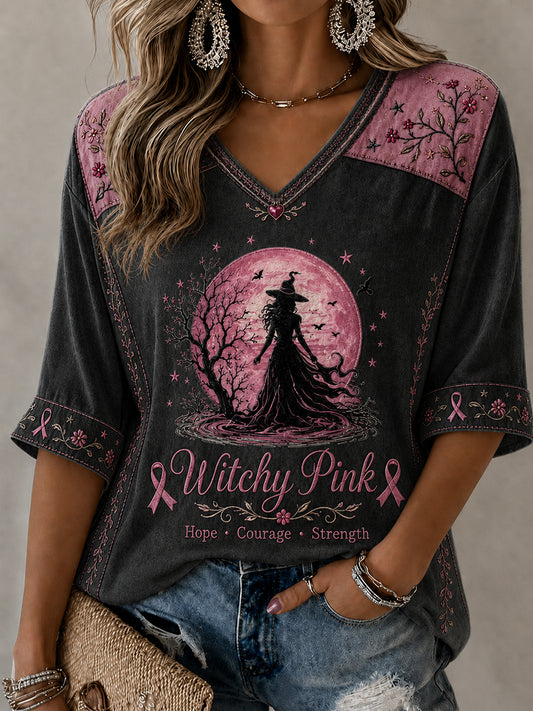 Women's Witchy Pink Witch Print Mid-length Sleeves V-Neck T-Shirt