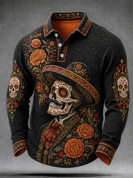 Men's Mexico Day of The Dead Art Print Casual Long Sleeve Polo