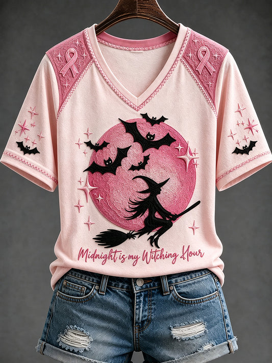 Women's Pink Ribbon Witch Print V-neck Short-sleeved T-shirt