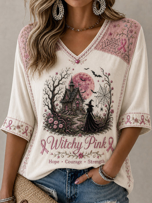 Women's Pink Ribbon Halloween Witch Print Mid-length Sleeves V-Neck T-Shirt
