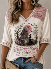Women's Pink Ribbon Halloween Witch Print Mid-length Sleeves V-Neck T-Shirt