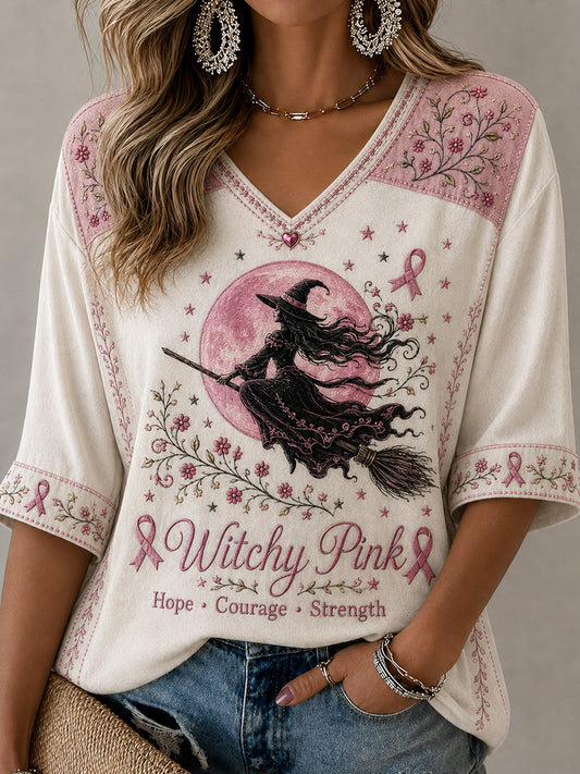 Women's Pink Ribbon Halloween Witch Print Mid-length Sleeves V-Neck T-Shirt