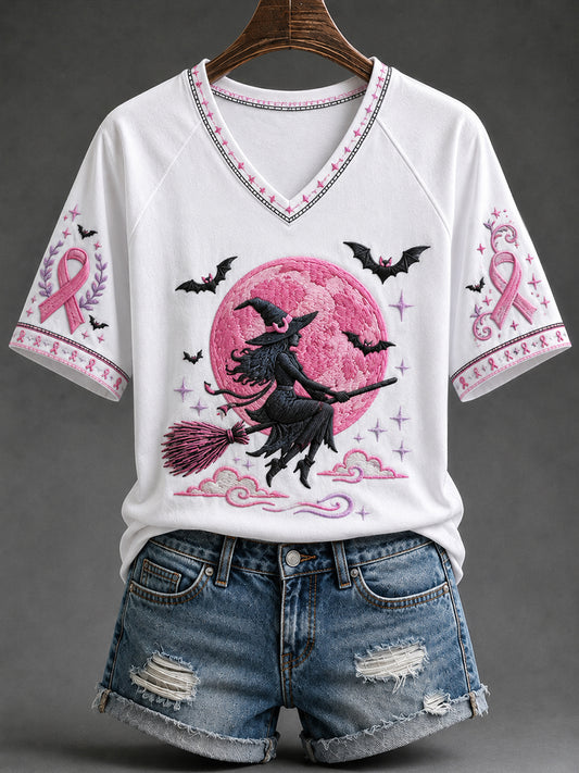 Women's Pink Ribbon Witch Print V-neck Short-sleeved T-shirt