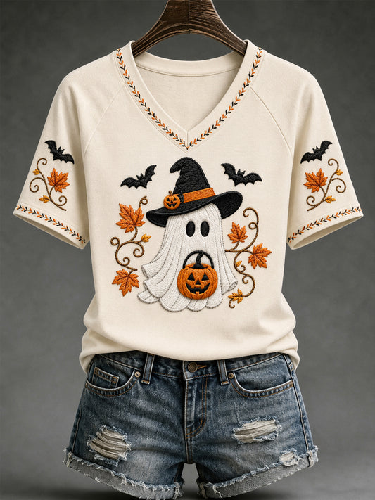 Women's Spooky Season Cute Ghost Print Casual V-Neck Tee