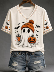 Women's Spooky Season Cute Ghost Print Casual V-Neck Tee
