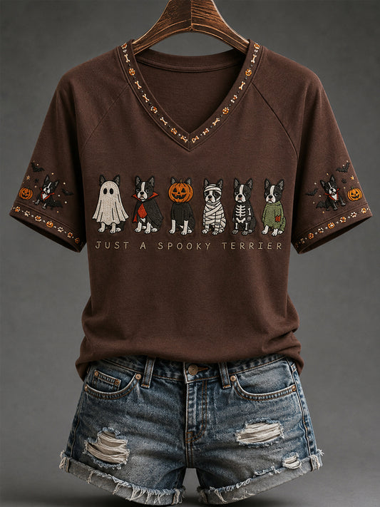 Women's Spooky Season Funny Dogs Print Casual V-Neck Tee