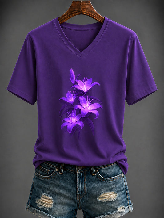 Women's Purple Flora Art Printed V-neck T-shirt