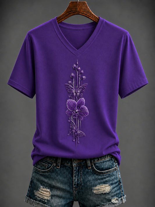 Women's Purple Flora Art Printed V-neck T-shirt