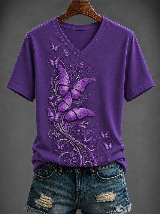 Women's Purple Flora Art Printed V-neck T-shirt