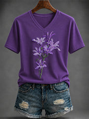 Women's Purple Flora Art Printed V-neck T-shirt