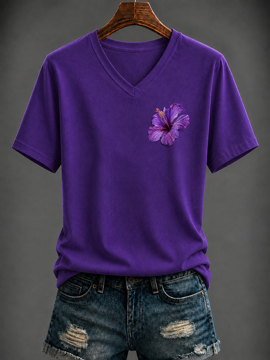 Women's Purple Flora Art Printed V-neck T-shirt