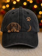 Cute Peeking Dachshund Dog & Paw Print Vintage Washed Hat
