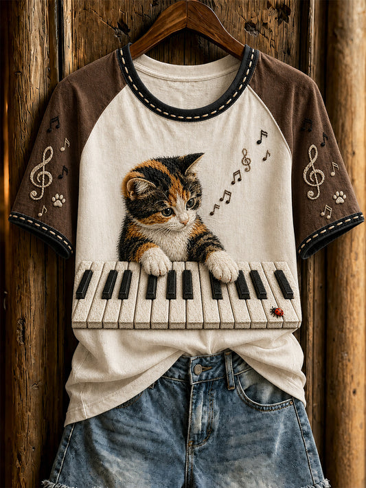 Women's cute cat and piano design casual short-sleeve T-shirt