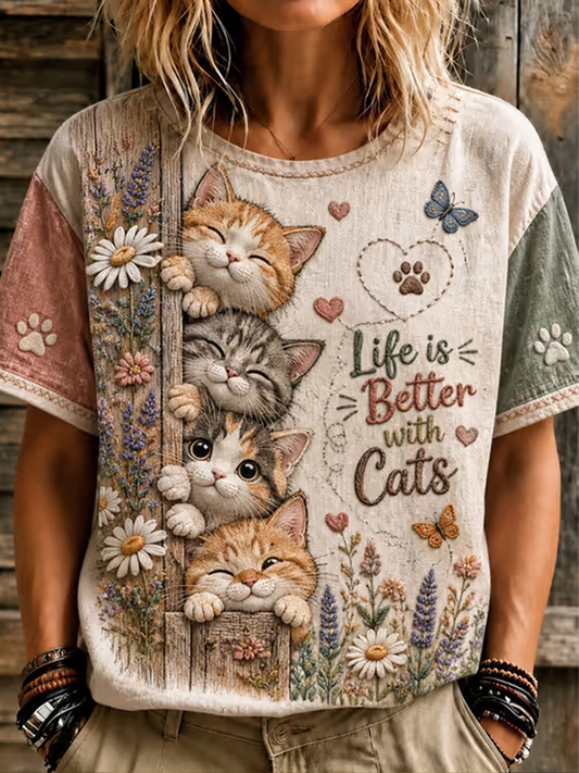 Women's Cute cat printed linen short-sleeved T-shirt