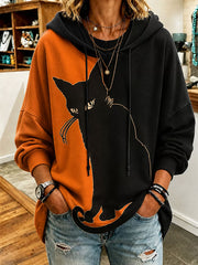 Women's Halloween Black Cat Art Print Drawstring Hoodie