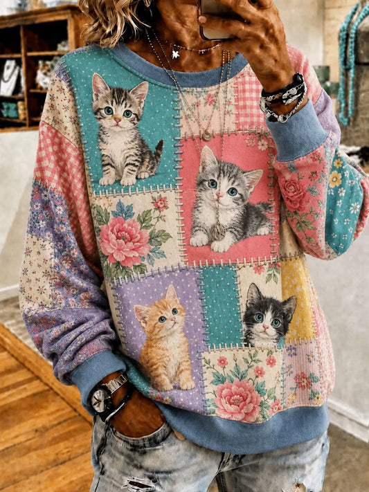Women's Cat Floral Art Regular Sweatshirt