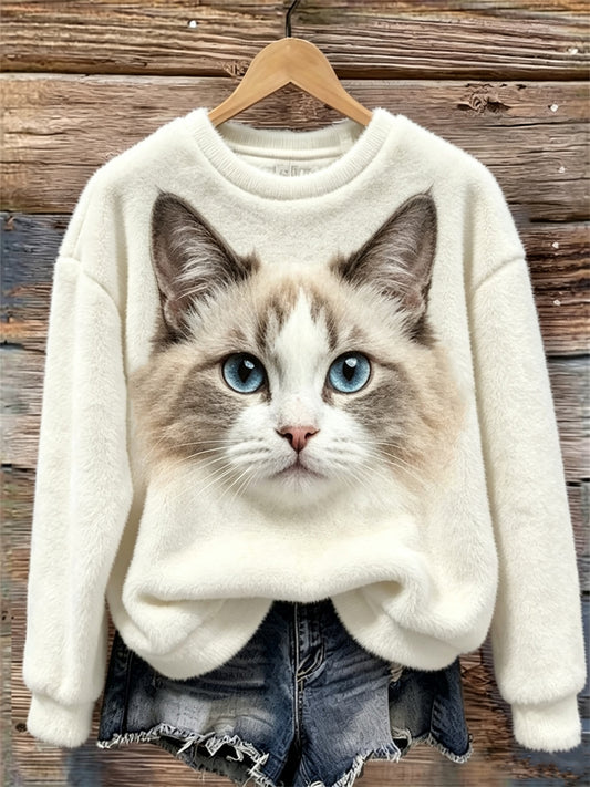 Women's Ragdoll Cat Face Print Cozy Flannel Sweatshirt