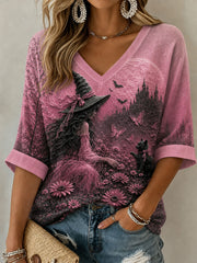 Women's Halloween Witch Mid-length Sleeves V-Neck T-Shirt