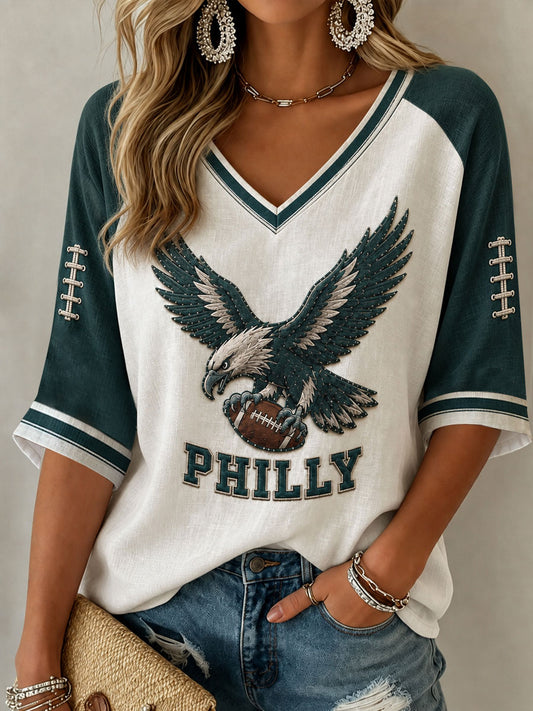 Women's Football Gameday Gift For Football Fans Mid-length Sleeves V-Neck T-Shirt