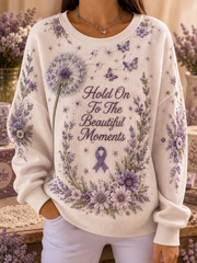 Women's Alzheimer's Awareness Purple Art Print Ribbed Round-Neck Sweatshirt