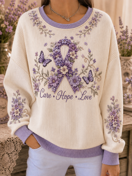Women's Alzheimer's Awareness Purple Art Print Ribbed Round-Neck Sweatshirt