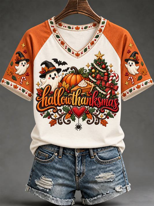 Women's Happy Hallothanksmas Print Halloween Thanksgiving Christmas Casual V-Neck Tee