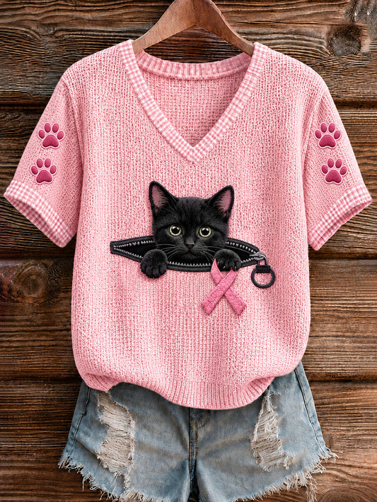 Women's Breast Cancer Black Cat Short-Sleeved T-Shirt
