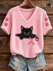 Women's Breast Cancer Black Cat Short-Sleeved T-Shirt