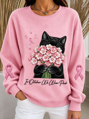 Women's Breast Cancer Black Cat Ribbed Round-Neck Sweatshirt
