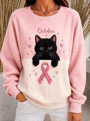 Women's  Breast Cancer Cat Art Ribbed Round-Neck Sweatshirt